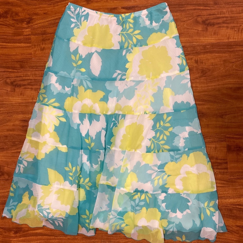 Ruby Rd Womens Floral Tiered Midi Skirt Turquoise Lime‎ Green Size 10 Lined